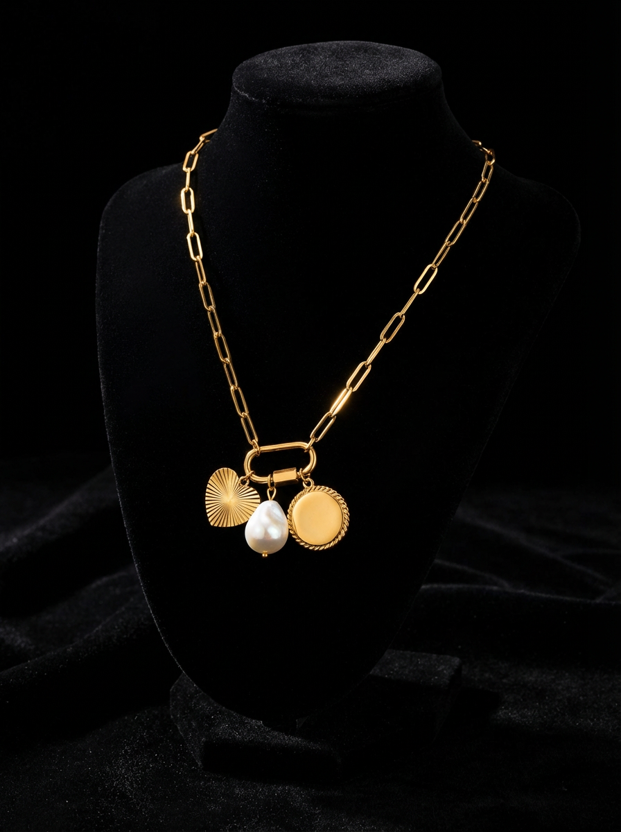 Gold chain necklace with heart charm, pearl pendant and round medallion on black background
